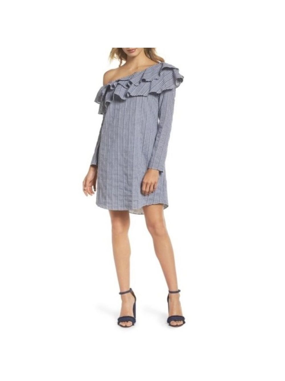 Adelyn Rae Gingham One-Shoulder Ruffle Dress
